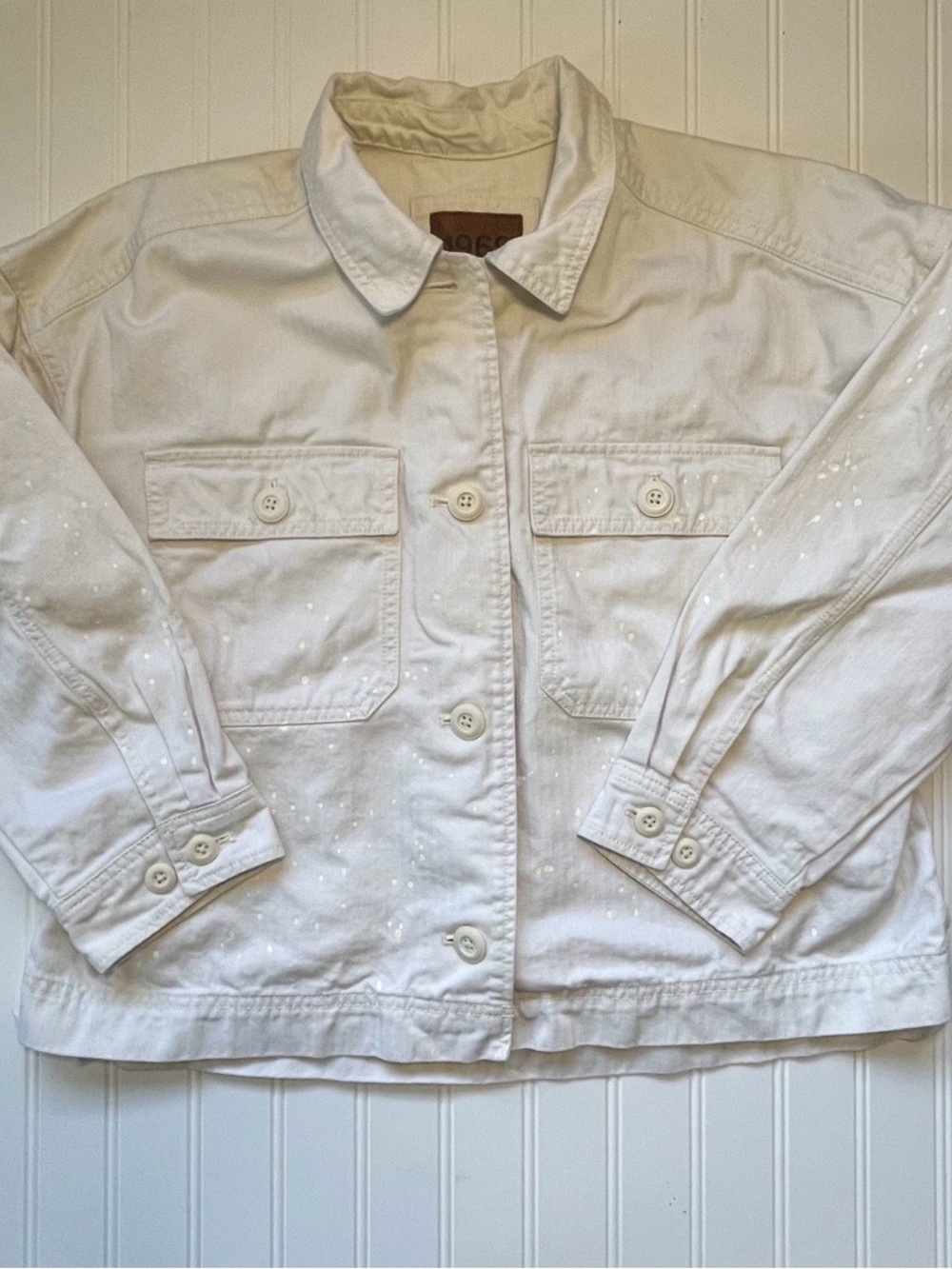 1969 White Women's Trucker Denim Jacket with Paint Splatter